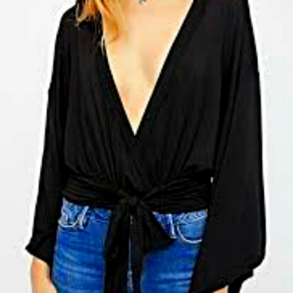 Free People Tops - FREE PEOPLE "That's A Wrap" Black Faux Wrap Top w/Bell Sleeves